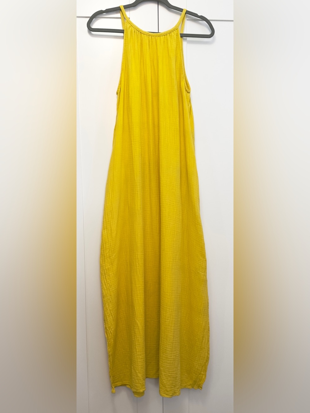 Bright Yellow Halter Maxi Dress Gauze Crinkle Material Women’s Sz SML